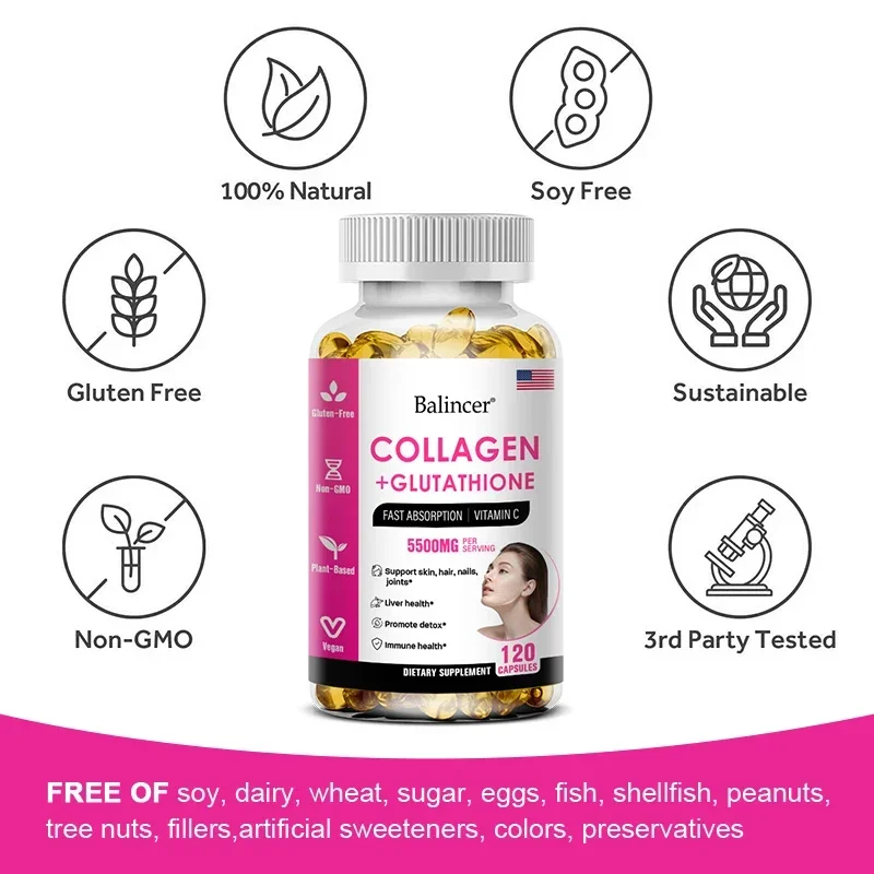 Balincer 5500mg Hydrolyzed Collagen 2200mg Glutathione 1300mg Biotin MSM and Vitamin C B6 B3 Capsule Nutritional Supplement