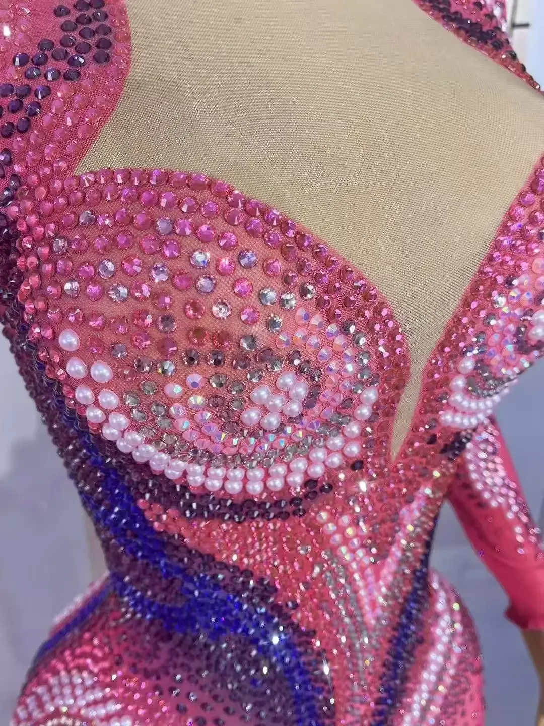 

Sexy Shining Full Rhinestones Special Stage Performance Pink Leotard Dance Team Party Celebrate Show Wear Transparent Bodysuit