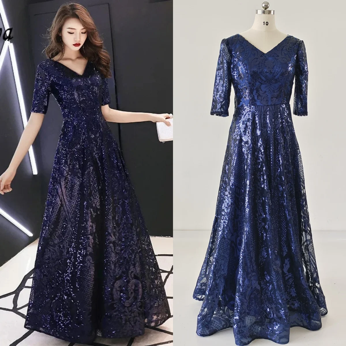 

Evening Dresses Navy Blue Sequins Bling V-neck Half Sleeves Zipper Back A-line Floor Length Plus size Women Party Formal Gowns