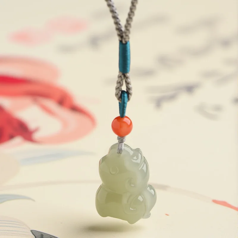 Natural Hetian Jade Chinese Zodiac Year of Horse Pendant Handwoven Adjustable Clavicle Necklace Gifts