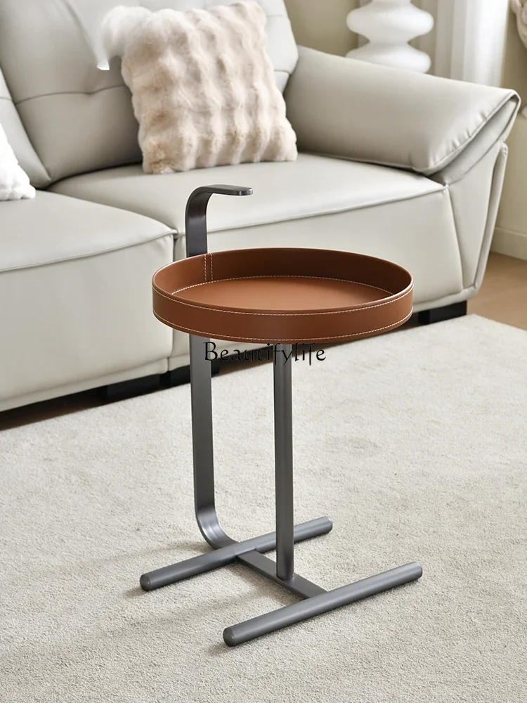 

Italian light luxury saddle leather living room hand side table household sofa stainless steel round small coffee table