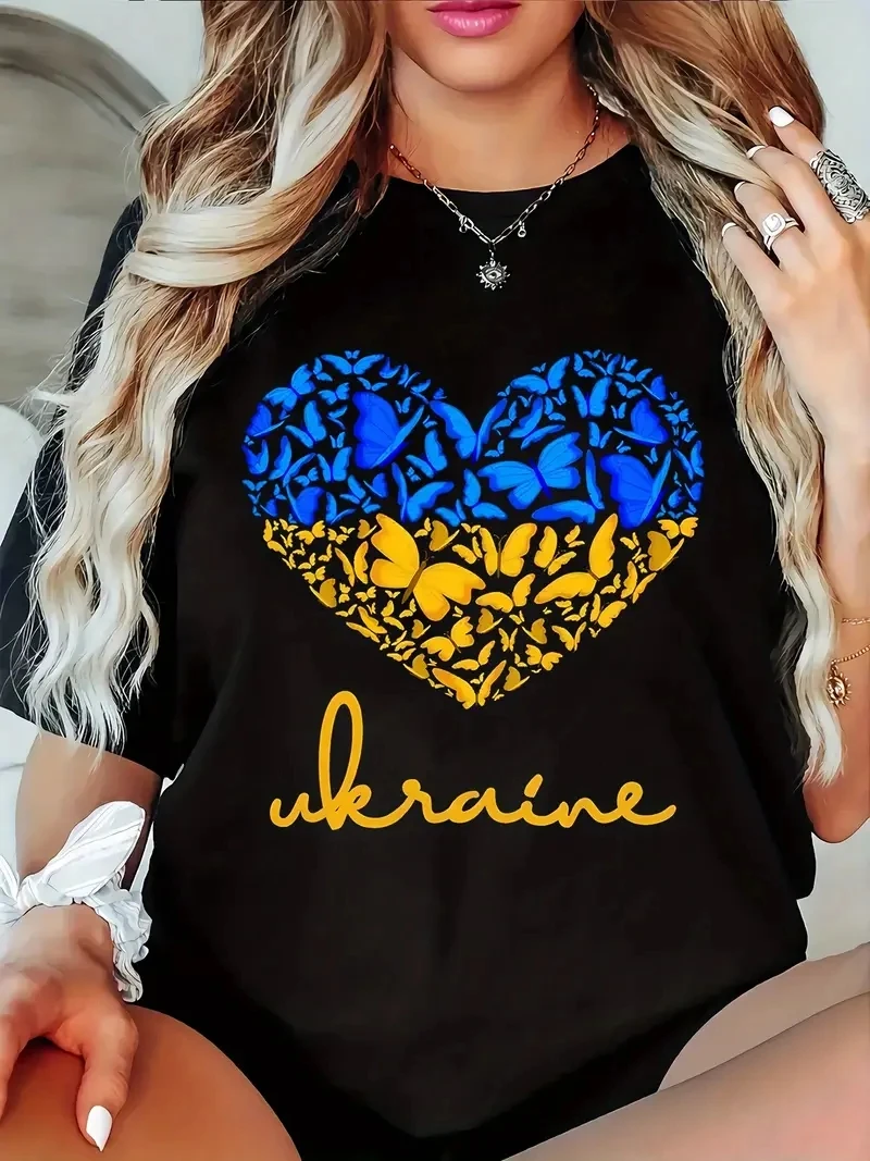 

Футболки с рисунком «Сердце и бабочки», топы больших размеров, женская футболка с круглым вырезом и коротким рукавом, модная футболка, уличная одежда