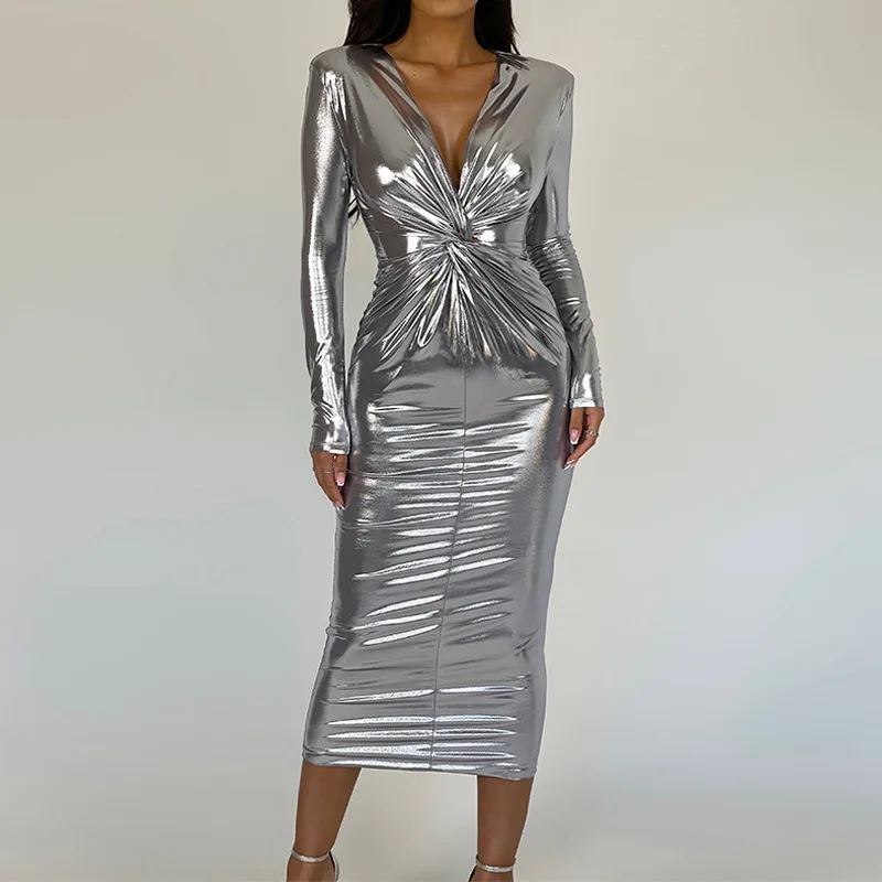

Clinkly V-neck Fashion Pleated Maxi Dress Female Slim Elegant Solid High Waist Long Sleeve Party Looks Dress Patchwork Long Dres