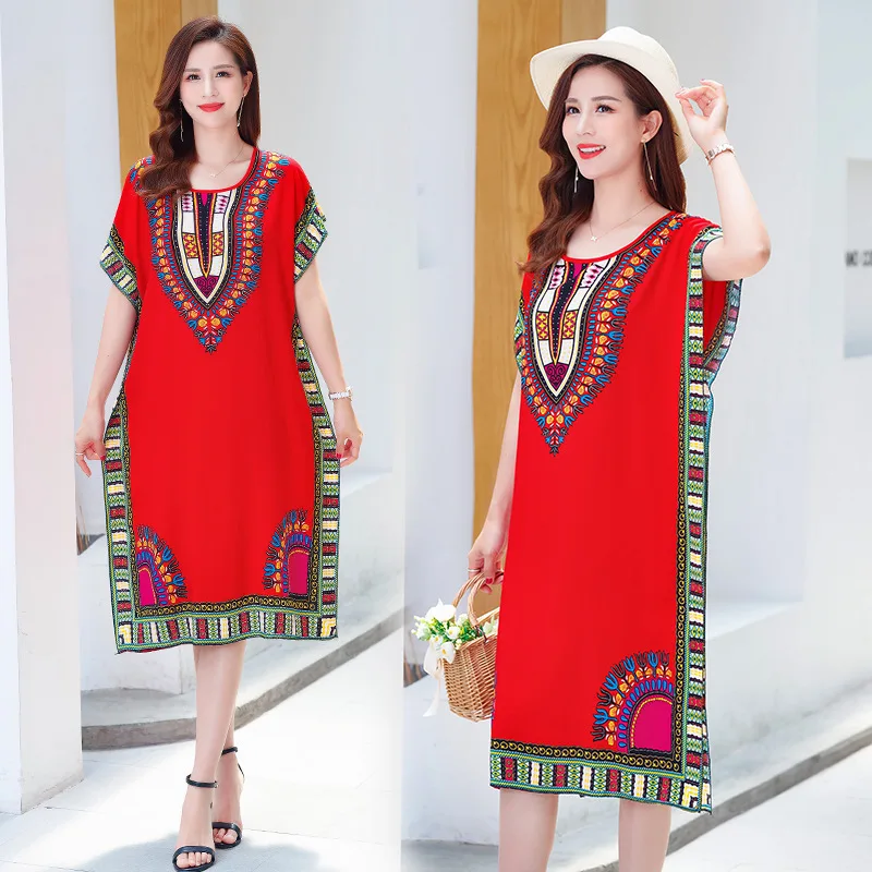 Summer Cotton Linen Dress Women's Mid-Length Batwing Sleeve Loose Plus Size Beach Dress Mom Style Tummy Control Slim Fit