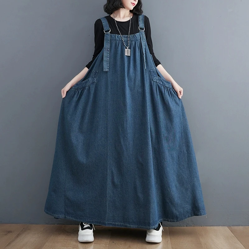 

Autumn Winter Large Size Thick Camisole Dress Women's Long Casual Loose Denim Suspender Dress Sleeveless Strap Jeans jumpsuit