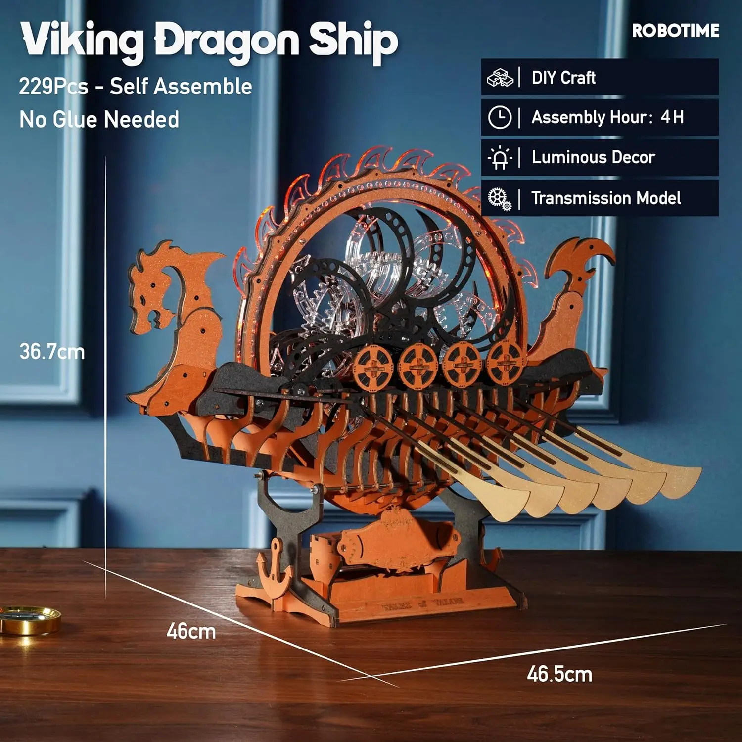 Robotime Boat Wooden Models 3D Puzzle Wooden Model Kits Viking Dragon Ship with Motor and LED Light Unique Gifts Ship