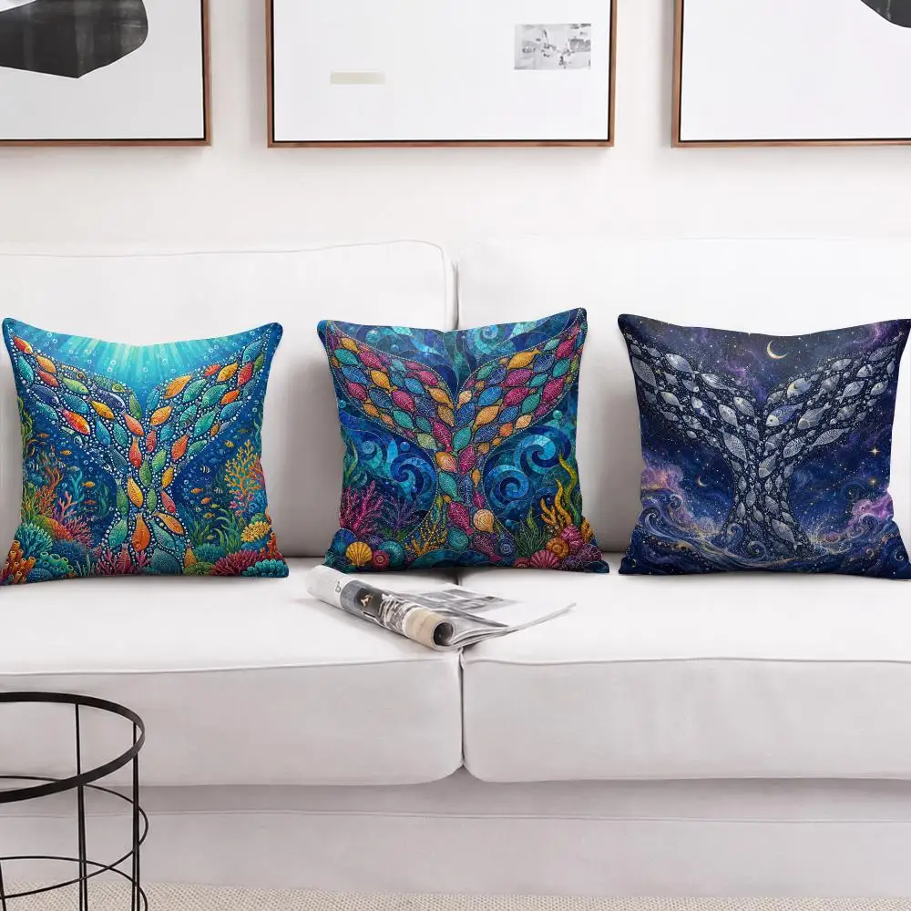 Coastal Little Whale & Fish Tail Cushion Cover Soft Short Plush Pillow Cases Hidden Zipper Cutecore Sofa Bedroom Home Decor Gift