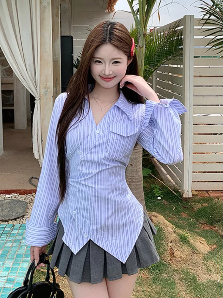 

Blue Striped V-Neck Shirt Women's Spring Design Unique Asymmetrical Waist-Cinching Top Korean Style Commute Fashion