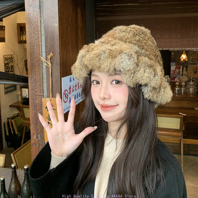 

New Real Rabbit Fur Fisherman's Hat For Women Winter Warm Rabbit Fur Caps Soft Natural Rabbit Fur Hats Female Fashion Cap