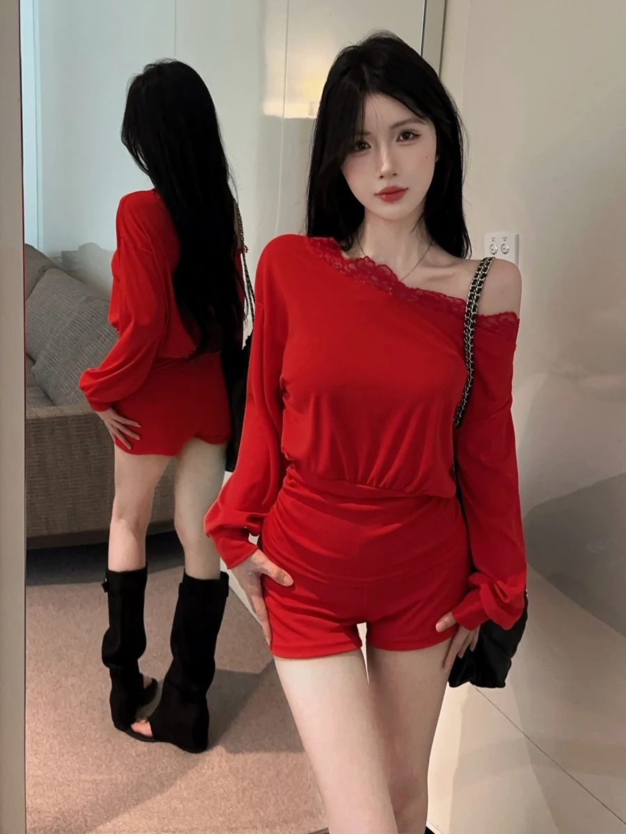 

Sexy Lace Splice Long Sve High Waist ort Set Women's Faion Spring Summer Autumn Winter Casual Wear Polyester Fabric