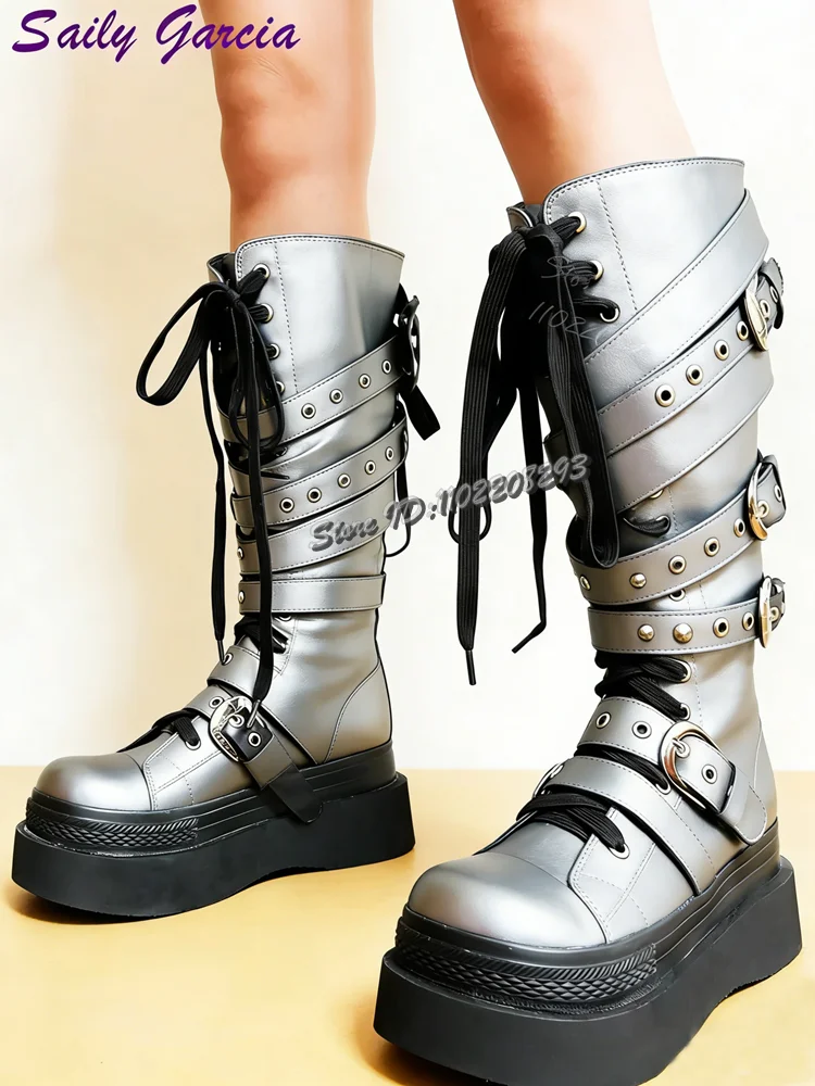 Silver Belt Buckle Straps Boots Round Toe Platform Lace-up Knee-high Boots Thick Soled Modern Cyberpunk Shoes 2026 Women New