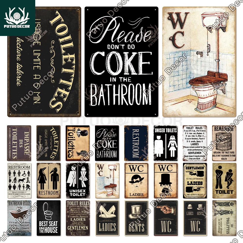 Putuo Decor Toilet Sign Vintage Funny Metal Tin Sign WC Lavatory Toilettes Wall Art Bathroom Restroom Toilet Wall Decoration