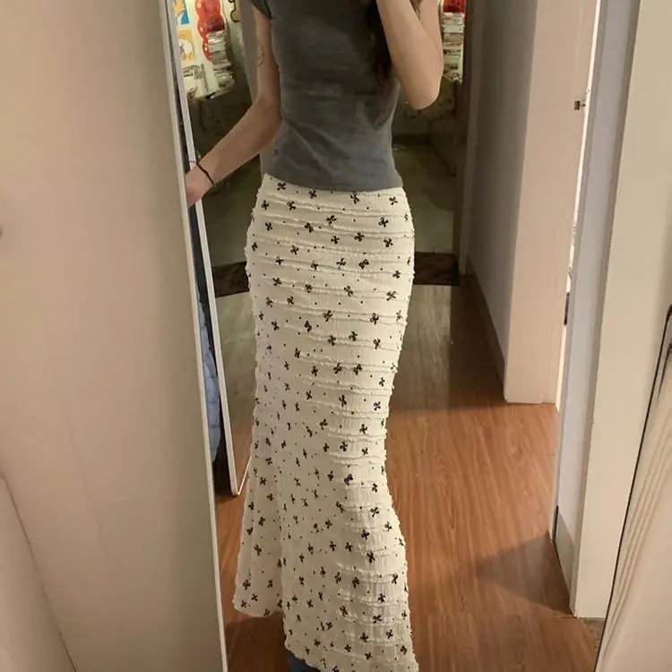 

Корейская летняя юбка макси с высокой талией, цветочным кружевом и принтом в виде узлов, облегающая, с эффектом стройности, фасон «рыбий хвост»