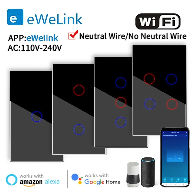 EWelink App WiFi Smart Switch Bluetooth RF, Alexa, Google Voice Control Neutral Wire, No Neutral Wire Install Touch Light Switch