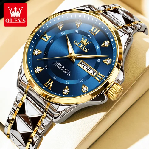 Imagen 1 del producto Reloj de cuarzo para hombre de marca OLEVS, reloj de pulsera de cuarzo para hombre de negocios con correa de moda luminosa resistente al agua de acero inoxidable, reloj dorado