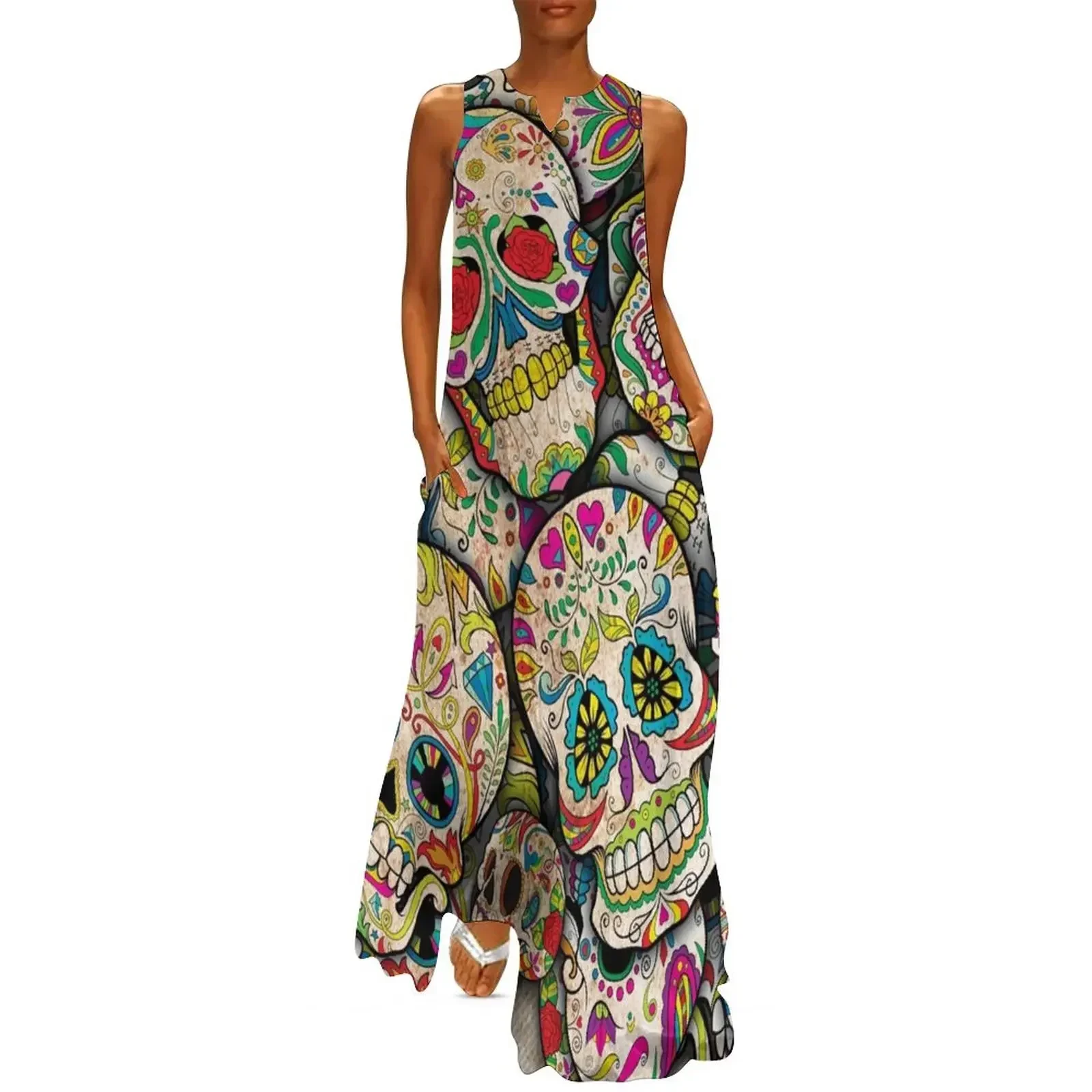 

Sugar Skull Collage Long Dress Woman clothing Women's dress women dress