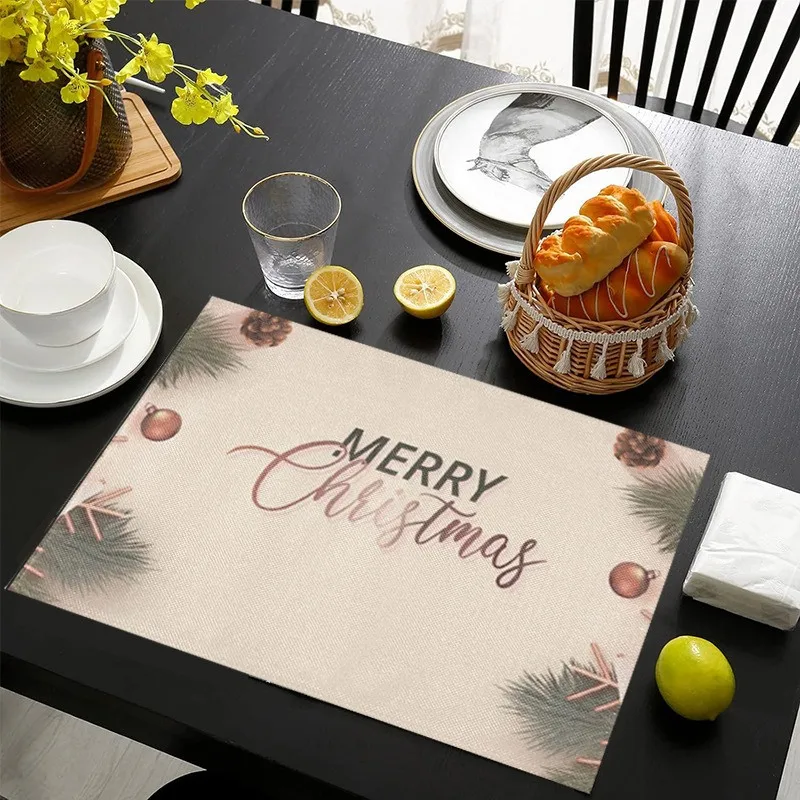 VIKAMA Linen Placemats Christmas Bells Cream Pink, Stain Resistant Easy to Clean, Dining Table Holiday Home Decor