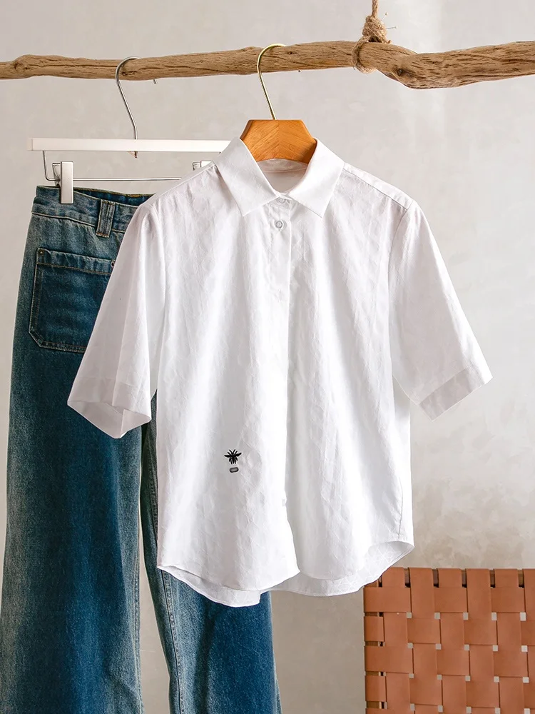 

YongLeap Новая летняя простая хлопковая рубашка с вышивкой пчелы, с отложным воротником, прямого кроя, тонкая, стандартная