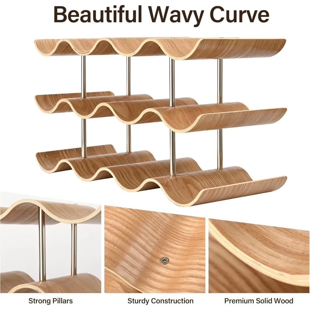 12 Bottle Wooden Wine Rack - 3 Tier Freestanding Holder for Kitchen Bar Storage