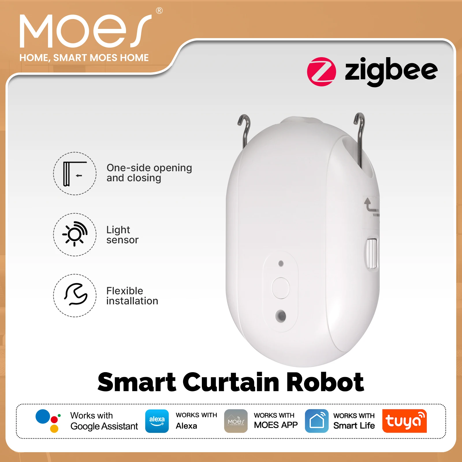 MOES Tuya ZigBee Smart Electric Curtain Robot Timing Auto Opener Closer Light Sensor App Remote Control Support Alexa GoogleHome