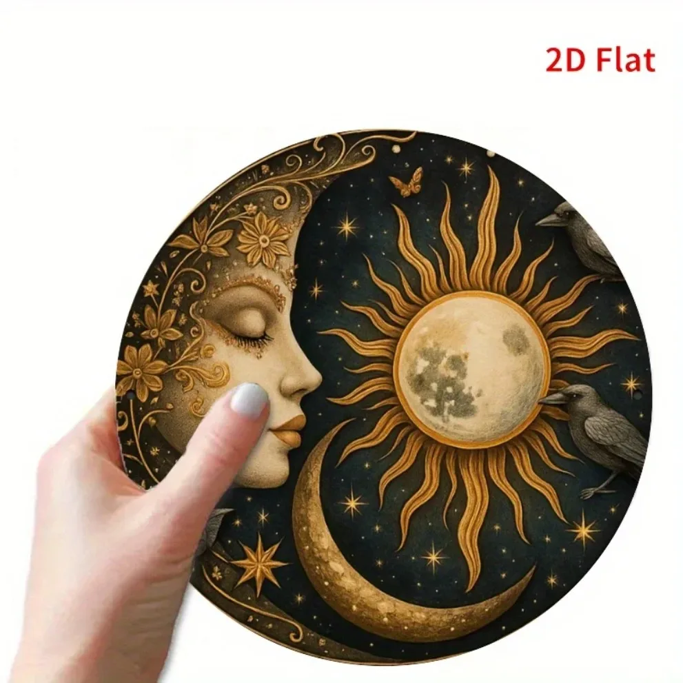 ديكور جدار الشمس والقمر السماوي مع لهجات ذهبية وأوراق خضراء، ديكور غرفة المنزل