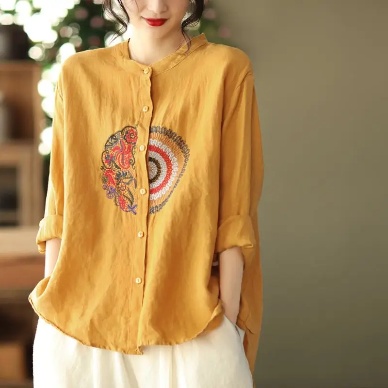 Women Vintage Ethnic Style Embroidered Irregular Cotton Linen Shirts Fashion Long Sleeve Loose Blouses Elegant Ladies Tops Blusa