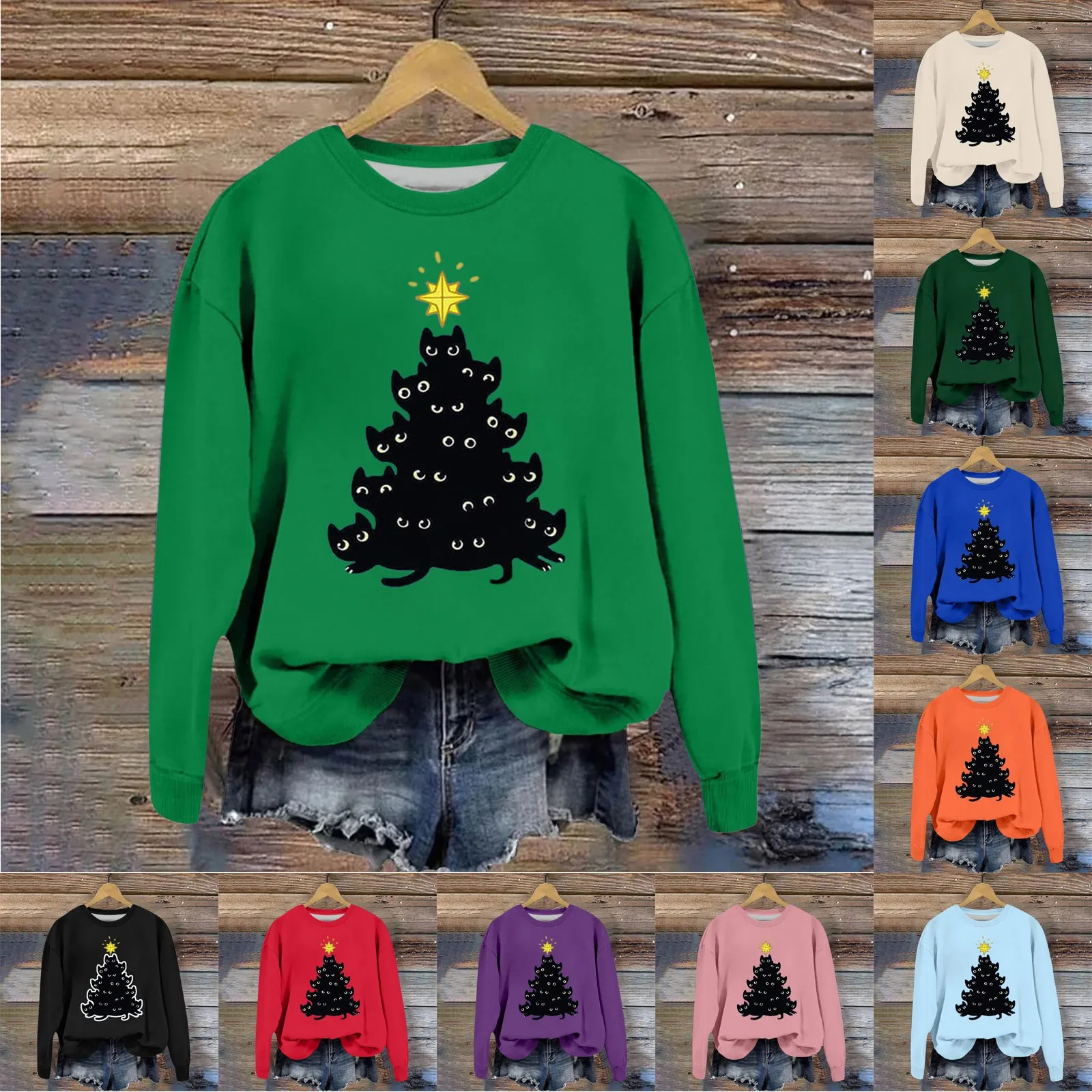 Tree Star Lovely 90s Trend Merry Christmas Women Holiday Sweatshirts Clothing Fashion 2025 New Year Pullover Cat Print Loose Top