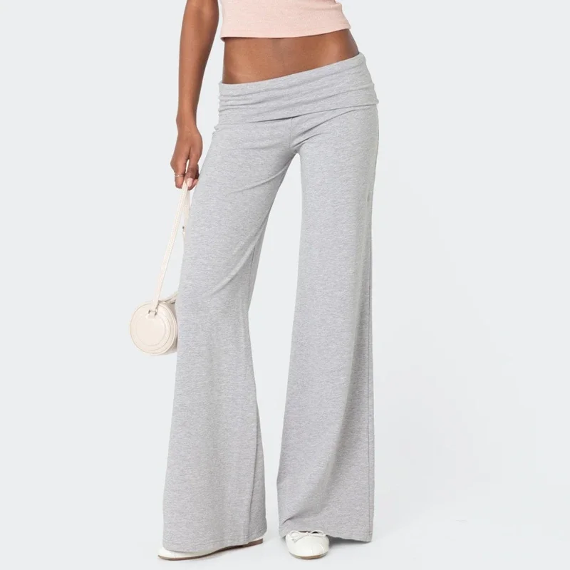 Fold Over Yoga Pants for Women Low Rise Flare Leg Sweatpants Y2k Solid Color Stretchy Loose Gym Lounge Leggings