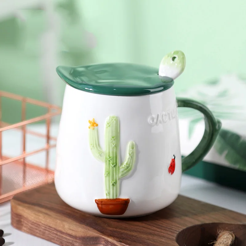 

Cactus Ceramic Mug Creative Coffee Cup With Lid Handgrip Spoon Cups For Home Decoration Drinkware Christmas Gifts Mug