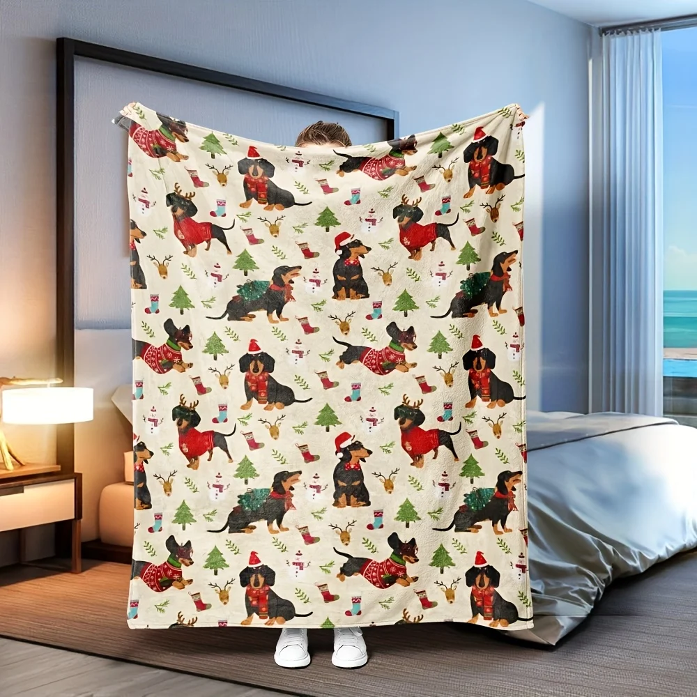 A Cute Christmas Blanket Featuring Classic Patterns Like Dachshunds, Christmas Trees, Stockings, And Reindeer, Radiating a Stron
