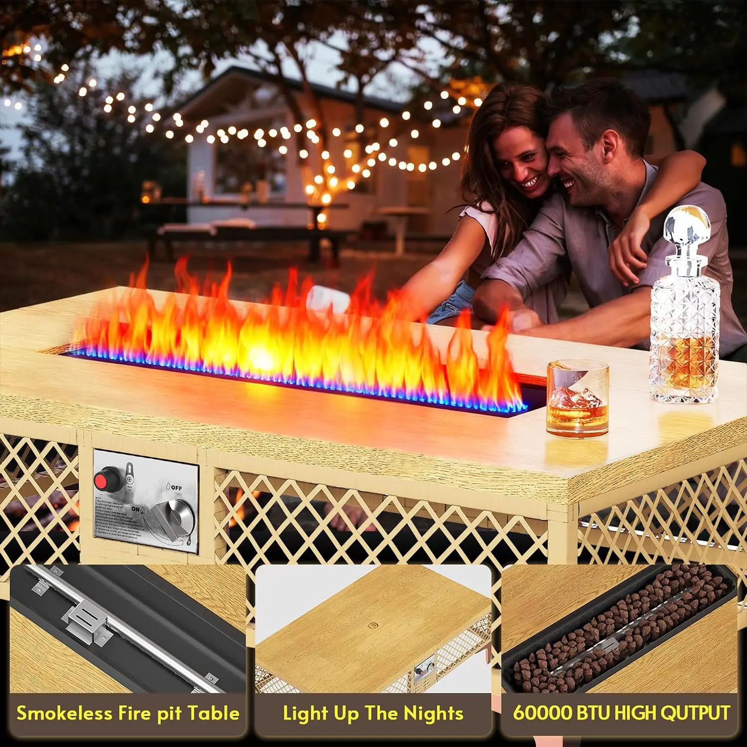 Propane Fire Pit Table with Tank Holder, CSA Certified 60000 BTU Stainless Burner, Rattan Rectangular Patio Firepit , Customized