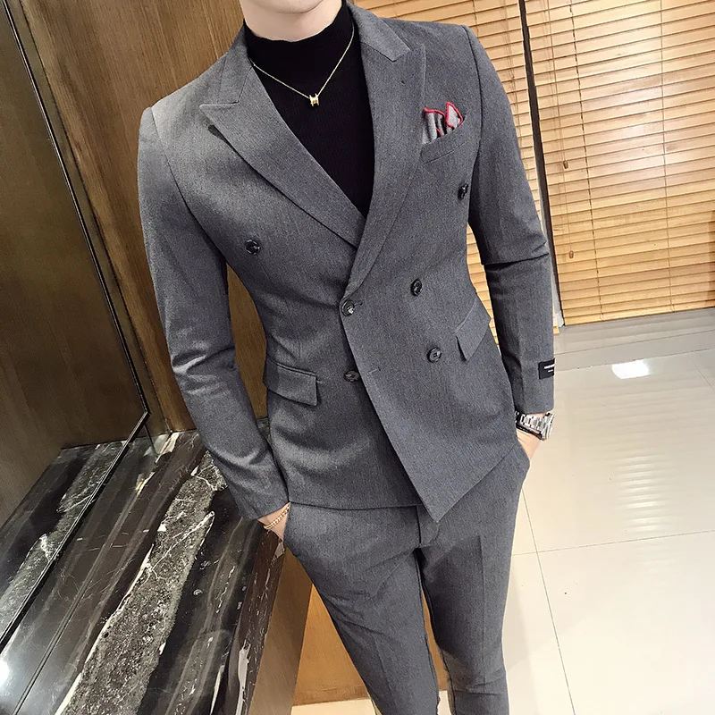 

[Jacket+Pants] Men's Pure Cotton double-breasted Business Suit Jacket/Men's Slim two-piece Casual Suit/Fashion Groom Dress S-3XL