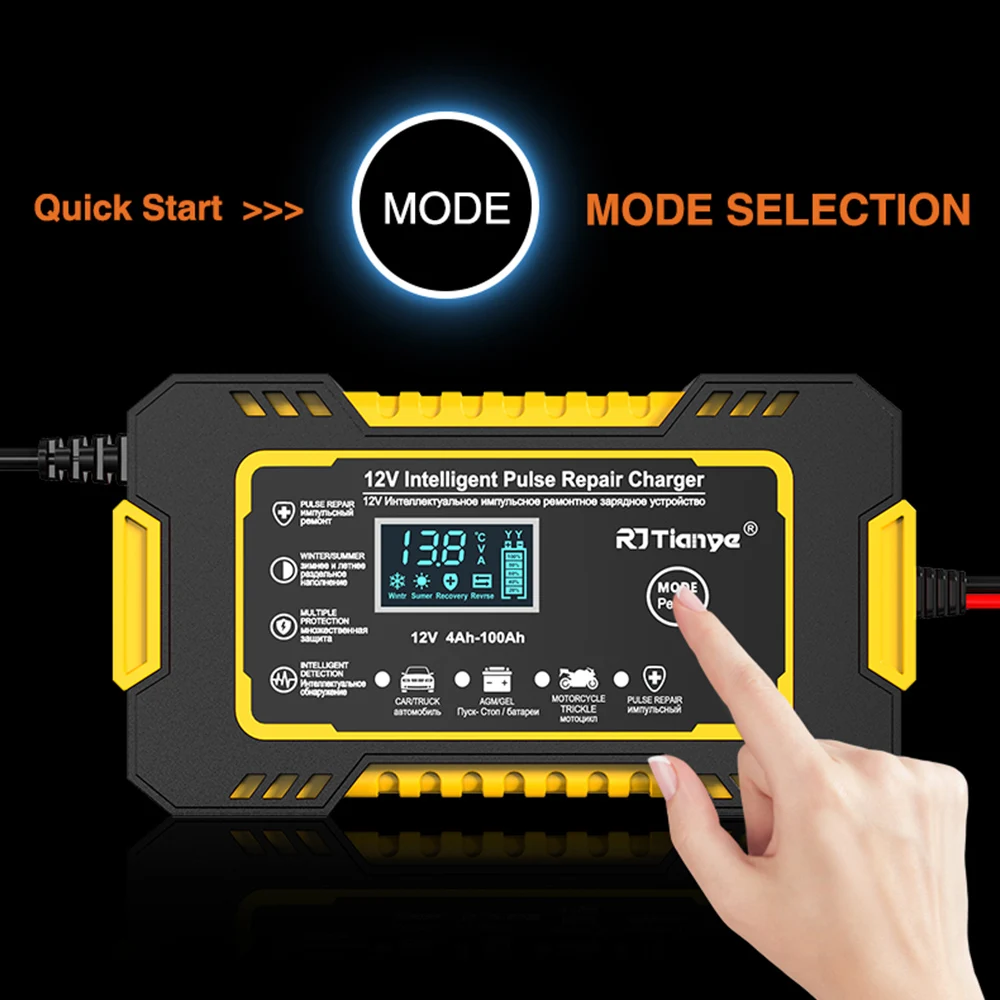 완전 자동 자동차 배터리 충전기, 12V 6A 터치 스크린 펄스 수리, LCD 고속 전력 충전, 습식 납산 디지털 LCD 디스플레이