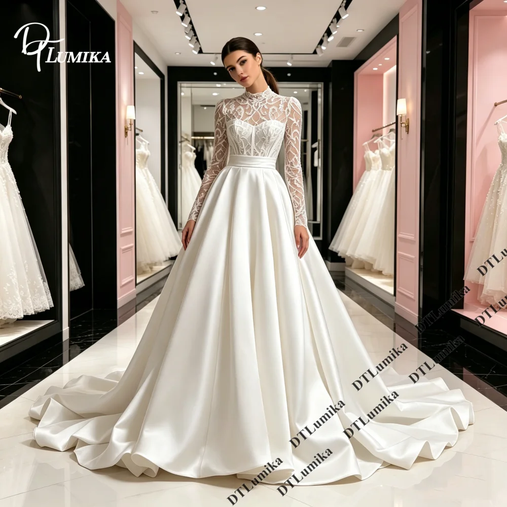 DTLumika Customizable Wedding Dress for Women, Lace Corset High Neck Bride Dress Long Satin Train, Illusion Sleeves Bridal Gown