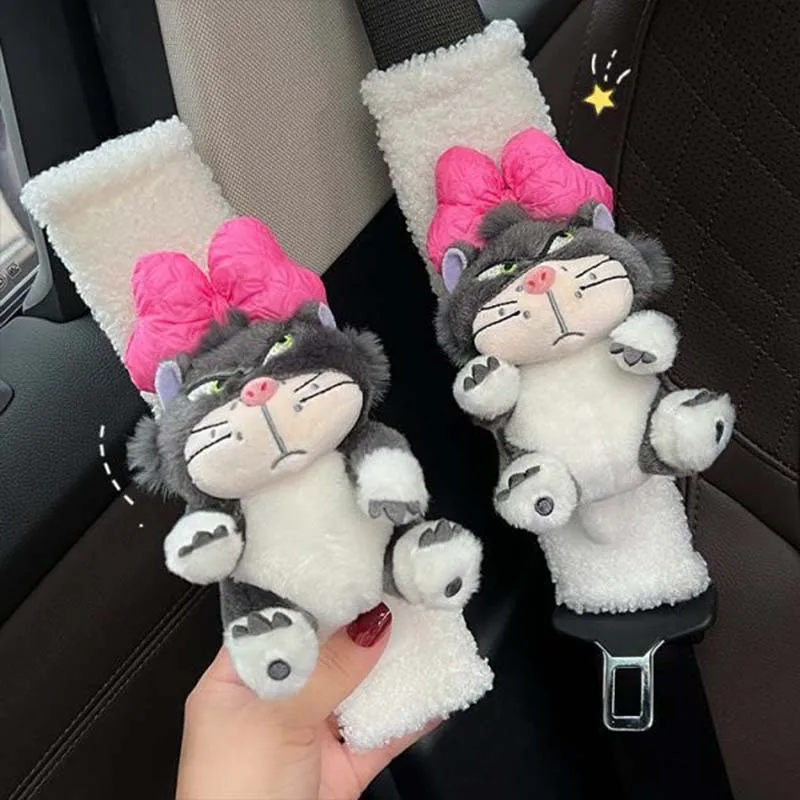 Funda de felpa para cinturón de seguridad de coche, cubierta de hombro suave de gato Lucifer, accesorios bonitos para coche, decoración Kawaii