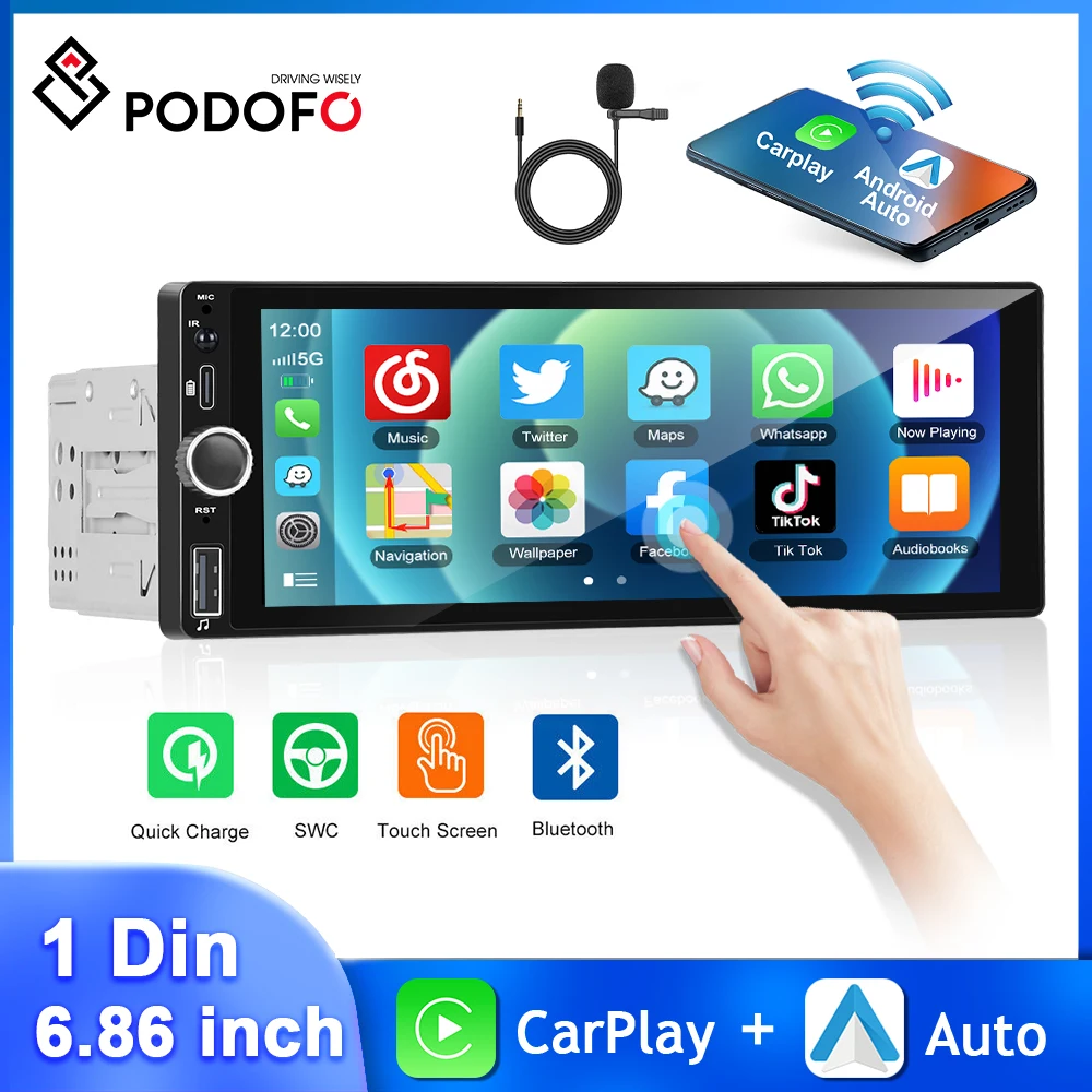 Podofo 1Din MP5 Player Carplay Android Auto 6.86'' Multimedia Player FM/RDS Touch Screen Car Radio Mirror Link TYPE-C Car Stereo