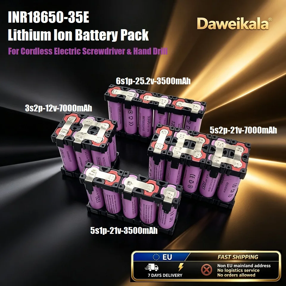 Batteria agli ioni di litio Daweikala INR18650-35E, 3500mAh-7000mAh, 12V 3S2P /21V 5S1P /21V 5S2P /25.2V 6S1P, diverse specifiche, batteria ricaricabile per trapano senza fili, cacciavite elettrico e