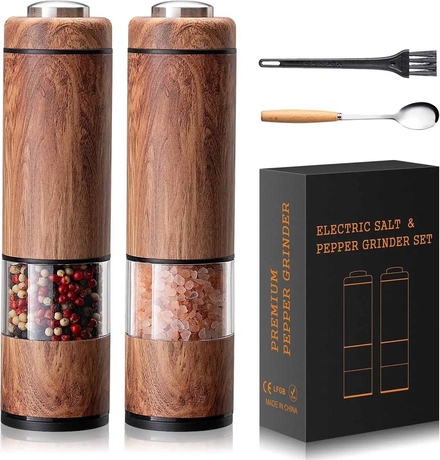 

Electric Salt and Pepper Grinder Set with LED Light, One-Hand Operation, Adjustable Coarseness, Battery Powered