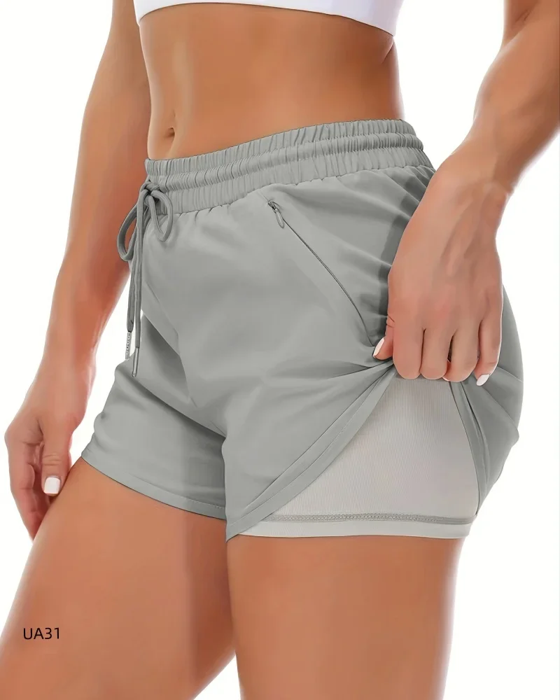 2026 Summer New Women's Fashion Solid Color Double Layer Shorts Outdoor Leisure Sports Gym Fitness Speed Drying Beach Shorts