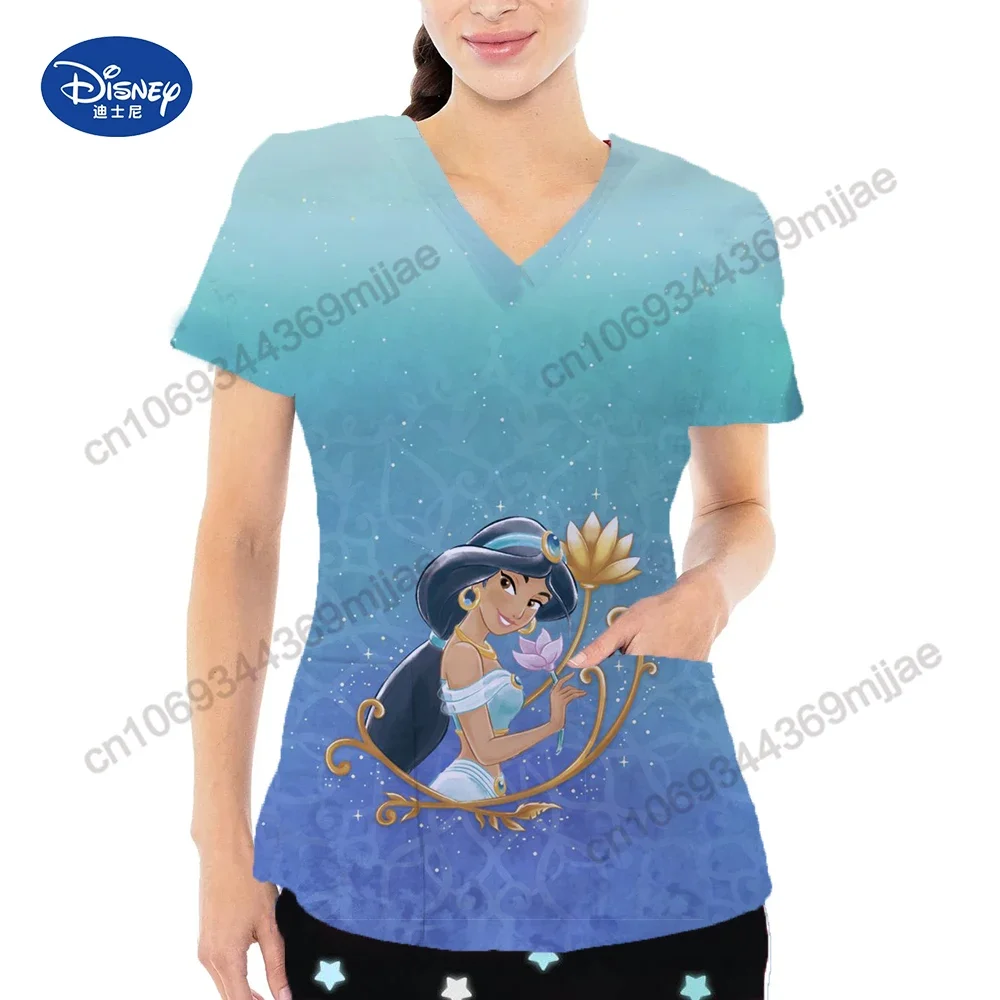 

Cartoon Female Clothes Pocket V-neck Design Women's Tops Short Sleeves T-shirts