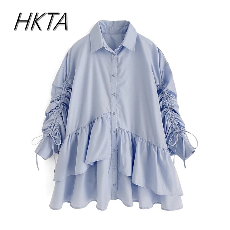 Japanse zoete asymmetrische ruche lange trekkoord mouw polokraag shirtjurk dames vouw commuter losse blauwe lange blouse