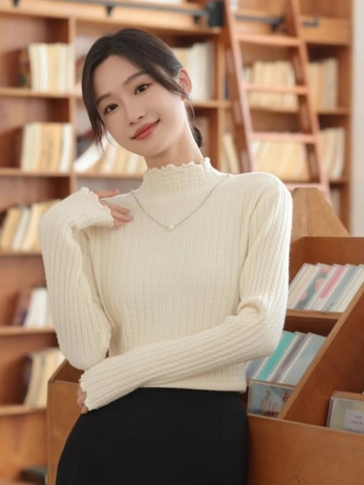 Fashion Ruffles Mock Neck Knitted Sweater Women Pullovers Long Sleeve Knit Sweater Pullover Women Tops Sweaters Knitwears Q6852