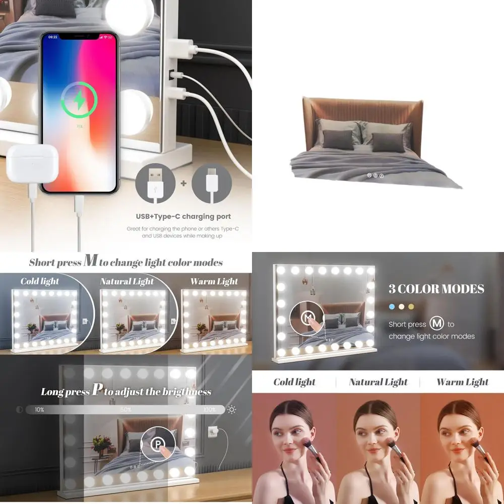 مرآة فانيتي هوليوود 32 × 24 مع تكبير 10 مرات، 24 لمبة LED في 3 ألوان، قابلة للتعتيم، قابلة للفصل، حامل على الحائط أو الطاولة، Wh #1