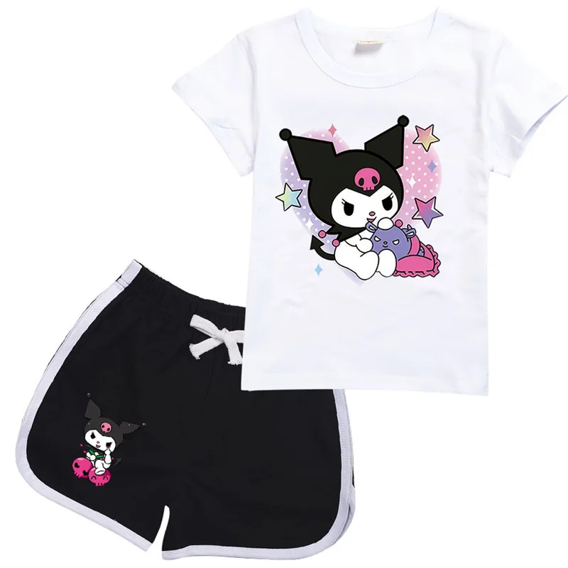 Kuromi Kinderen T-Shirt Zomer Hello Kitty Kinderen Cartoon Casual Korte Mouwen T-Shirt Set Mannelijke Baby Kleding Meisje Kleding