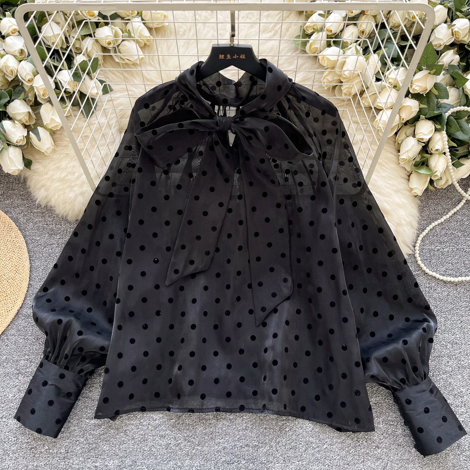 2025 novo verão feminino vintage bolinhas topos manga puff arco rendas até design blusas temperamento gaze básico de luxo camisa solta