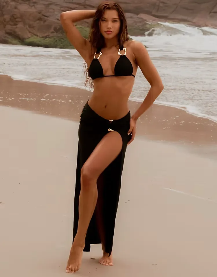 2025 Sexy Black Bikini Set with Gold Embellishments Matching Cover-Up Perfect for Summer Beachwear Pool Parties Beach Vacations