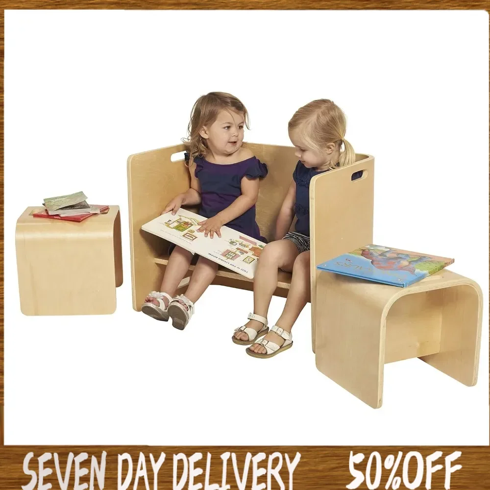 

Multipurpose Table and Chair Set, Kids Furniture, Natural, 3-Piece