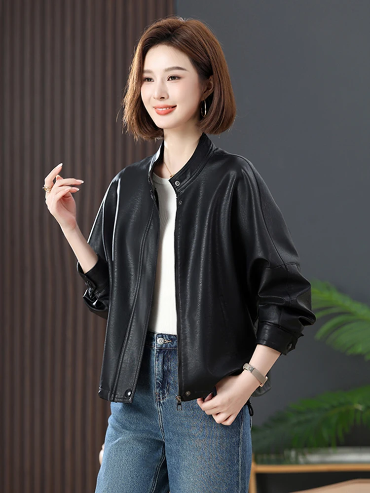 Veste en cuir pour femme, style motard, en peau de mouton noire, design élégant, fermeture éclair, collection Printemps-Automne 2025