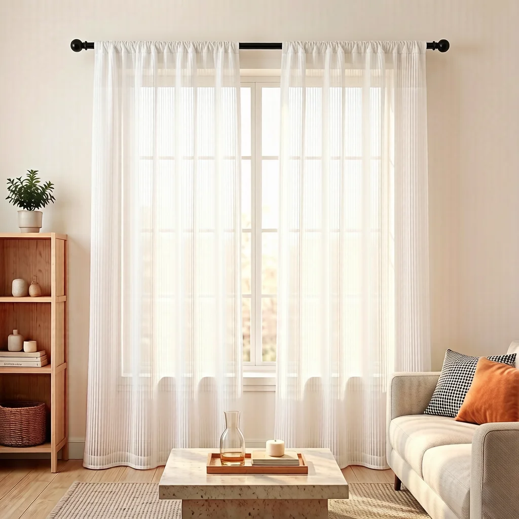 2Pcs Vertical Stripe Sheer Curtains, Japanese Log Minimalist Style, Rod Pocket Light Filtering Window Drapes for Living Room Bed