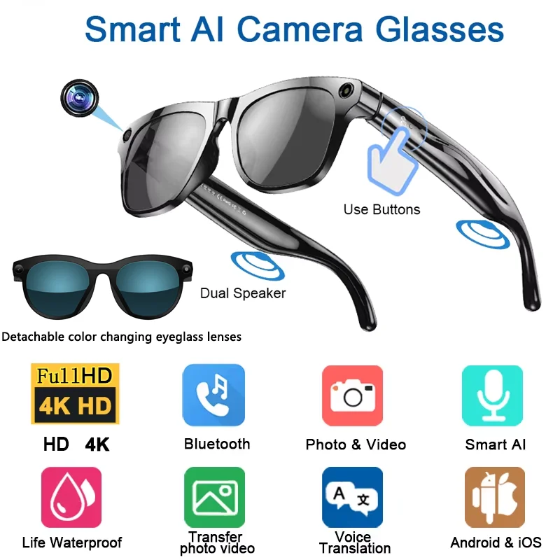 6K HD AI Camera Bril 800MP Fotochromatische Multifunctionele Smart Bril Bluetooth Bellen Foto Video ChatGPT Muziek Vertaling